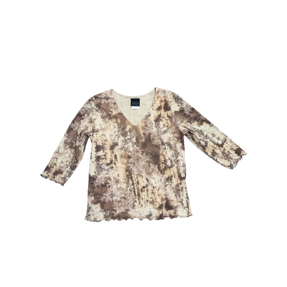 JKLA California Brown Floral Tie Dye Mesh V-Neck Lettuce Trim Top Medium